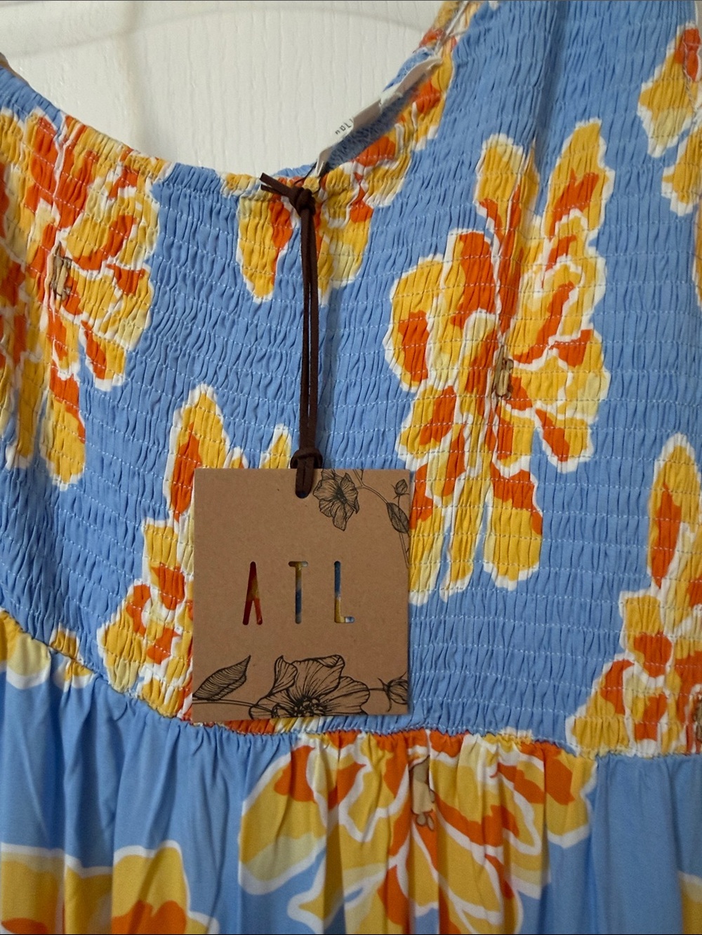 Sky Blue Maxi Dress with Yellow-Orange Floral Print - Picture 2 of 4